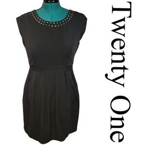 Twenty One Sleeveless Black Dress Studded Neckline Pleated Fitted Mini Dress L